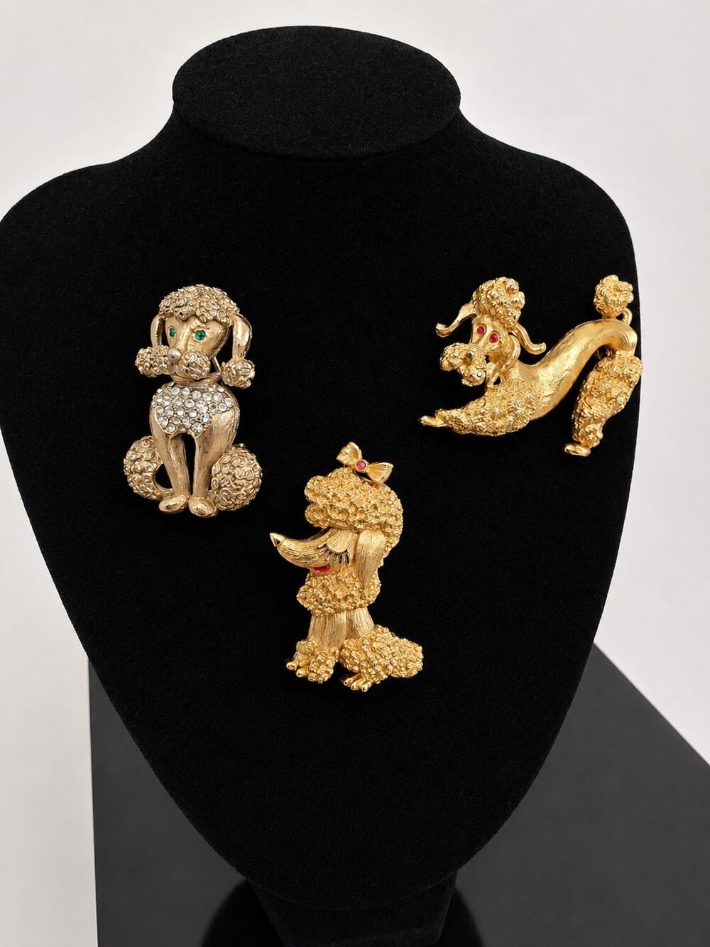Vintage Poodle Brooch Bundle 2 Monet & 1 Samson Signed Rhinestone Figural Trio